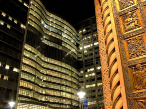 The Gonda Building at night, as seen from the doors of the Plummer Building, Mayo Clinic, Rochester, MN